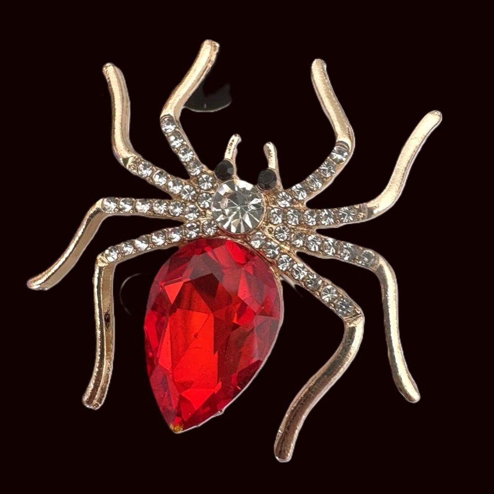 Gold Tone RED Rhinestone Spider Brooch - Picture 2 of 6